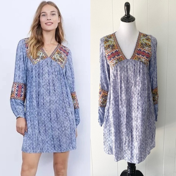 Anthropologie Bhanuni Jyoti Linne Embroidered Tunic Dress Blue Boho Size XS - Picture 1 of 16